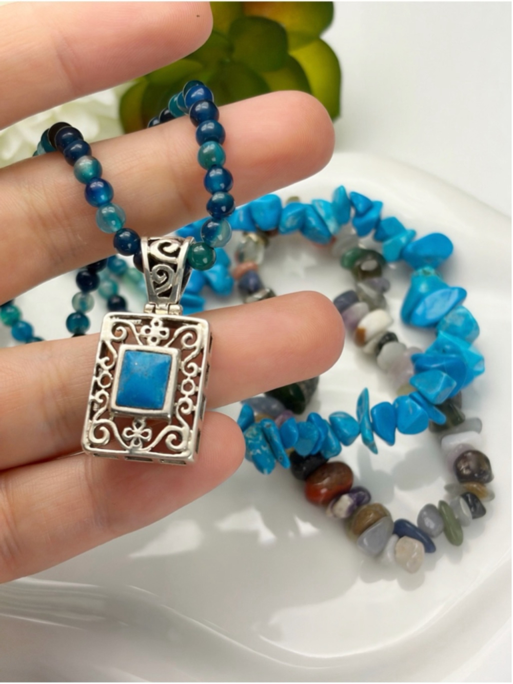 Vintage Sterling Silver 925 Denim Lapis Lazuli Filigree Pendant Jewelry Set Lot